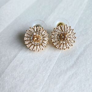 Sunshine Sunflower Button Rose Gold Cubic Zirconia CZ Round Stud Earrings